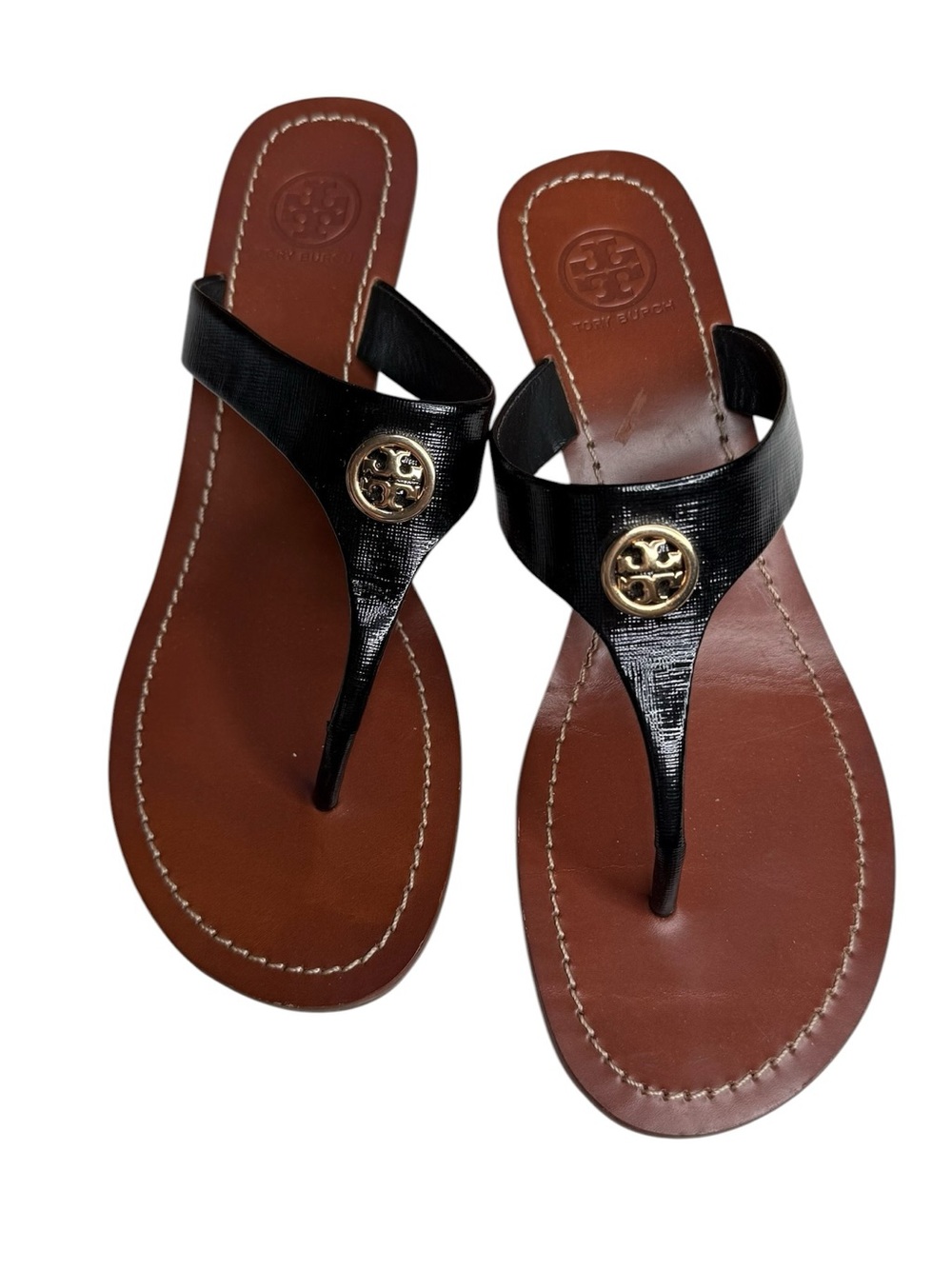 Tory Burch Cameron Black Saffiano Leather T-Strap Wedge Thong Sandals Size 8